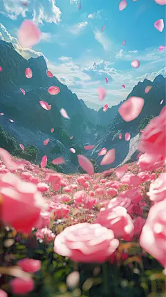 情人节梦幻感立体玫瑰山川草地背景