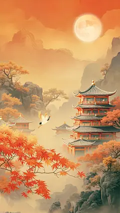 秋分国风枫叶建筑插画背景
