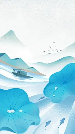 白露肌理感绿叶河舟鱼鸟远山背景