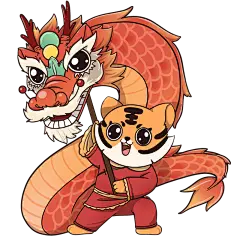 老虎舞龙手绘可爱虎年插画