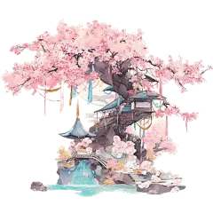 植物通用中国风中式粉色插画单棵樱花树元素素材