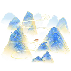 中国风系列扁平风蓝金色山水+湖面泛舟元素
