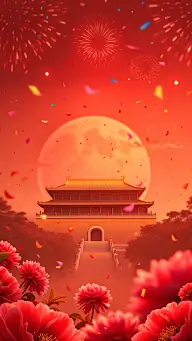 国庆节3D建筑牡丹月亮组合背景