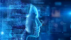 科技风系列未来感蓝色虚拟机器人侧脸+悬浮界面背景