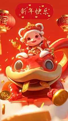 蛇年春节软3D儿童生肖灯笼金币组合背景