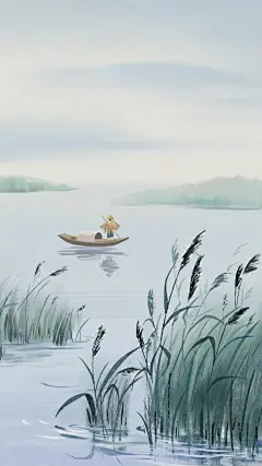 白露简约感芦苇湖畔人物舟背景