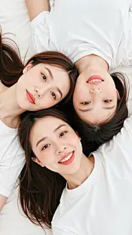 常规内容-人物系列三个穿着白色衣服的年轻女孩躺在一起图片