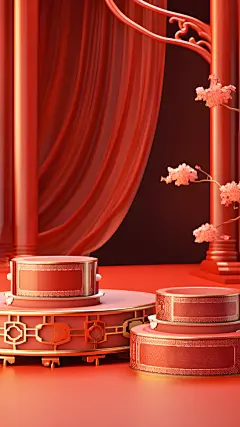 年货节促销中国风中式国风红色展台背景3D场景图片