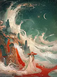 七夕情人节国潮风人物庭院庭院背景素材