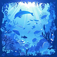 常规内容-风光系列插画风海豚水母珊瑚图片