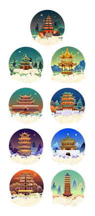 素材组合-中秋国庆中国风建筑贴纸