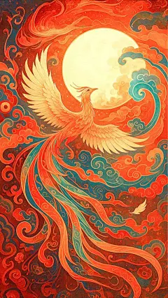 中国风系列插画颗粒质感红色喜庆凤凰飞舞背景