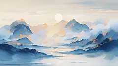 中国风系列青蓝色鎏金水墨山水背景通用背景素材