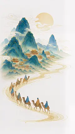 中国风插画山峦+行商队伍背景