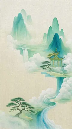 中国风系列肌理感古风山峦庭院插画背景