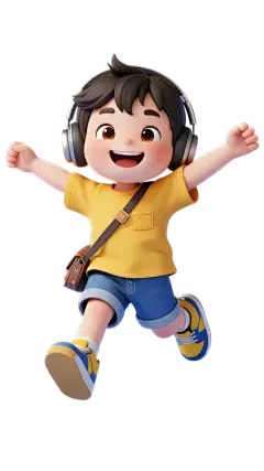 人物系列3D感小男孩带耳机张开双臂跑步元素