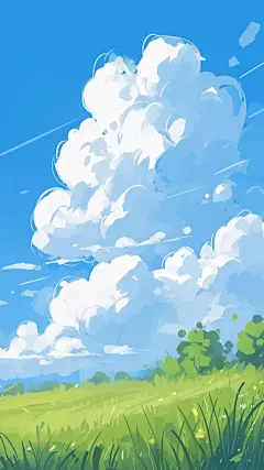 风光通用插画动漫风天空草地场景背景图片素材