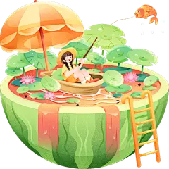 二十四节气立夏通用插画微缩西瓜荷塘人物垂钓场景元素素材