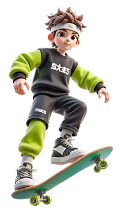 人物系列3D风黑绿衣服男孩滑滑板元素