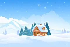 常规内容-背景系列插画风白色雪地静谧独立房屋背景图片
