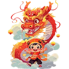 龙年春节通用中国风插画卡通感人物和龙场景人物动物贴纸