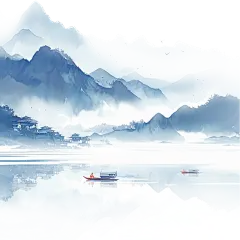 中国风通用蓝色水墨山水组合元素素材