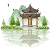 水彩手绘园林亭台楼阁插画