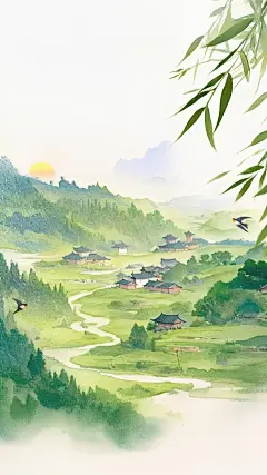 立春&春天水墨画群山燕子柳条落日组合背景