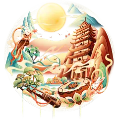 中秋通用城市地标建筑插画贴纸