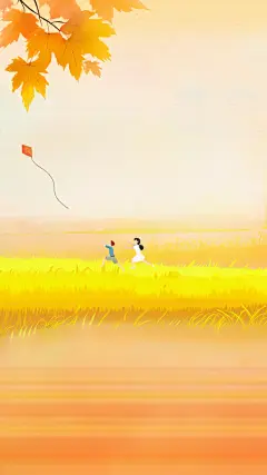 秋天肌理感渐变草地丘陵麦田天空老人小孩插画背景