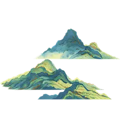 中国风通用青绿色工笔画山水元素素材