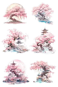 植物通用粉色插画单棵樱花树元素素材组合合集