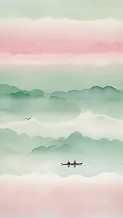 中国风通用水墨晕染山水泛舟背景图片素材