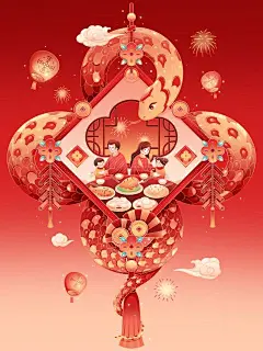 蛇年春除夕年夜饭中国结灯笼祥云蛇组合民俗场景元素