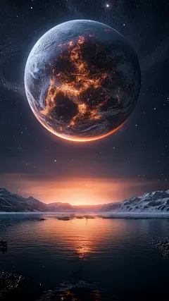 宇宙系列拟物感插画山脉河流+发光星球