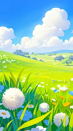 立春&春天卡通手绘风草地花朵蓝天白云背景