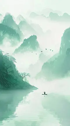 中国风通用春绿色古风山水云雾意境竖版图片素材