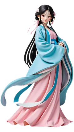 中国风3D古风蓝粉色汉服形象长发年轻女生元素