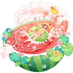 夏天通用插画西瓜泳池人物运动场景
