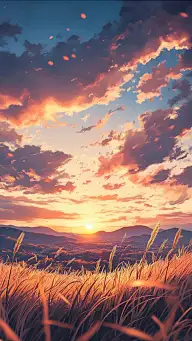 风光系列插画风黄昏草地远山