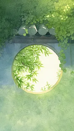 夏日中国风-水彩绿色植物中式墙面图片背景