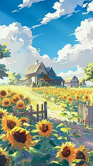 植物动漫风插画向日葵蓝天白云场景背景图片素材