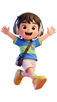 人物系列3D感小男孩带耳机被斜挎包开心奔跑元素