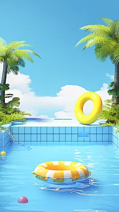 通用3D立体夏季夏日泳池场景背景素材