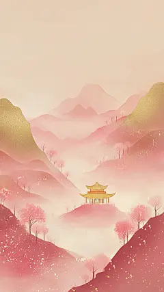 中国风系列粉色水彩画风山水背景