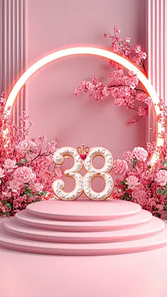 三八妇女节女神节女王节3D浪漫感实景粉色展台背景图片素材AIGC