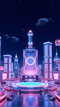 科技风系列赛博朋克风蓝紫色城市建筑圆形展台电商促销展台背景