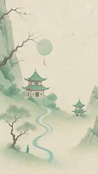 背景系列中国风绿色系山水楼台画面背景