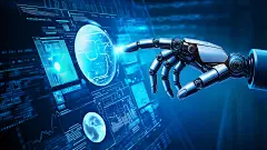 科技风人工智能机器人指尖触碰屏幕背景