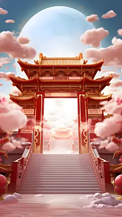 年货节3D立体中国风中式开门红展台建筑背景图片
